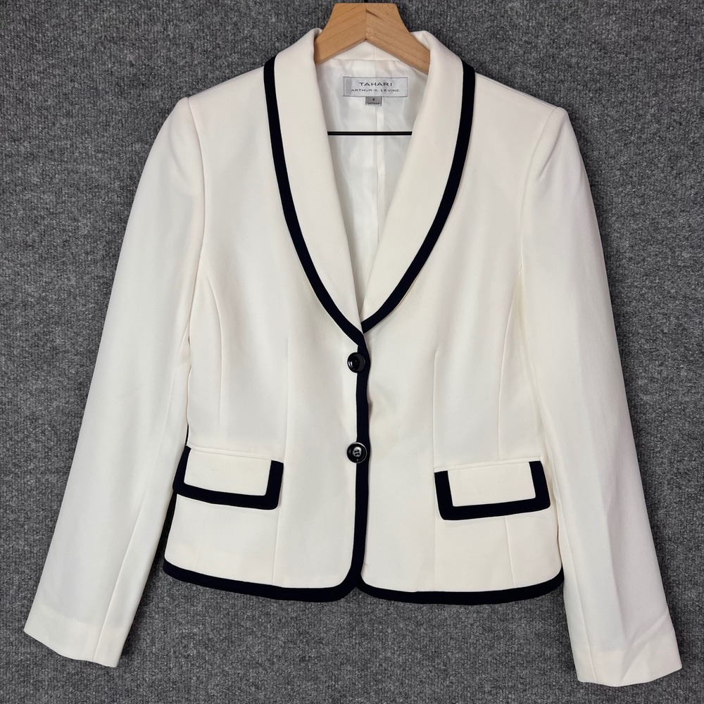 NEW Tahari Blazer Womens 6 White Contrast Trim Shawl Collar Career Jacket - Picture 1 of 12